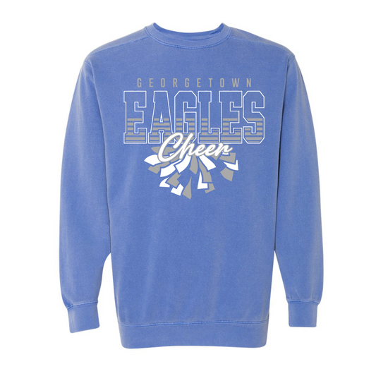A blue long-sleeve crewneck sweatshirt featuring a 'Georgetown Eagles Cheer' graphic on the front, displayed against a solid white background.