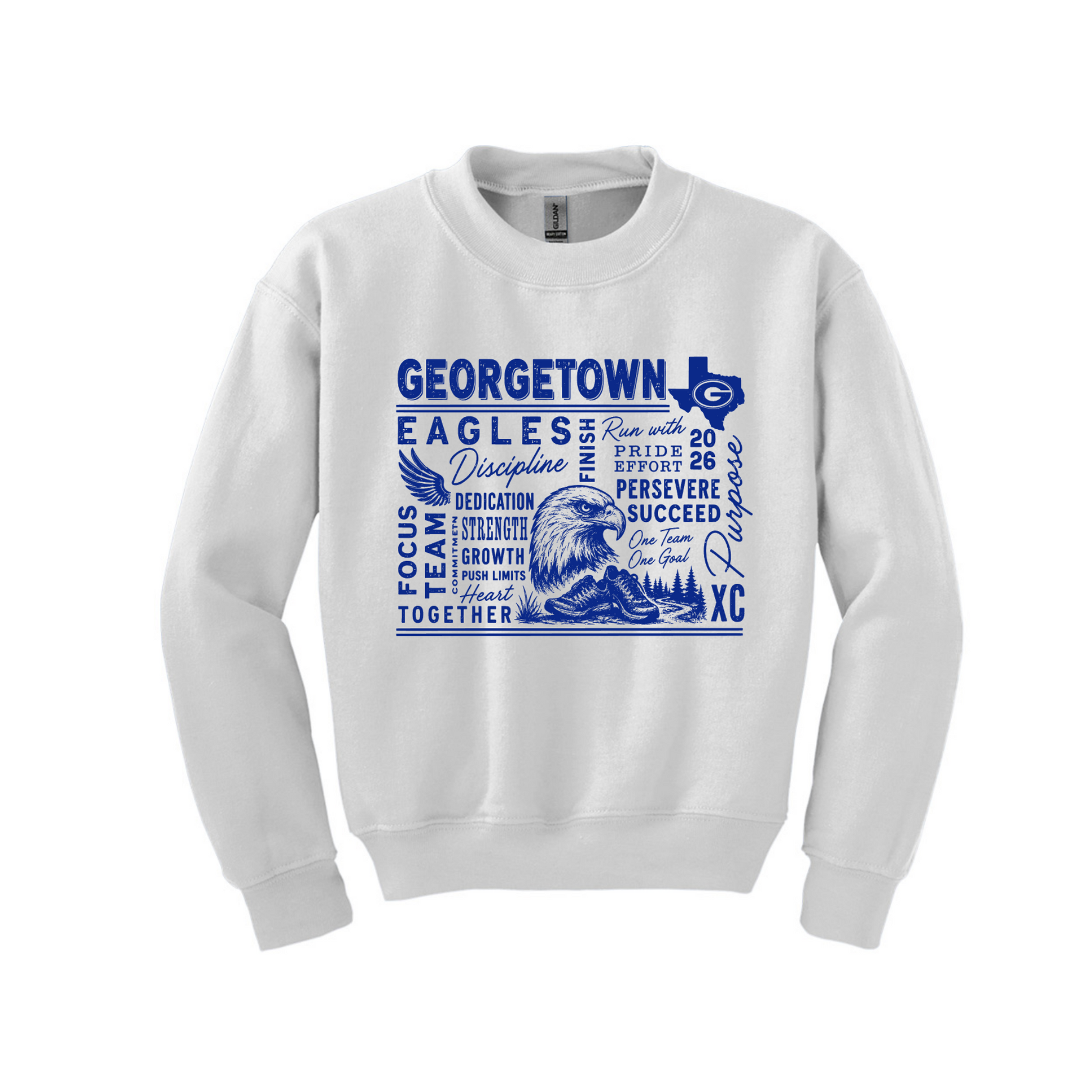 A white crewneck sweatshirt with a blue graphic print on the front featuring the text 'GEORGETOWN EAGLES' and various team-related words and symbols, displayed on a clean white background.