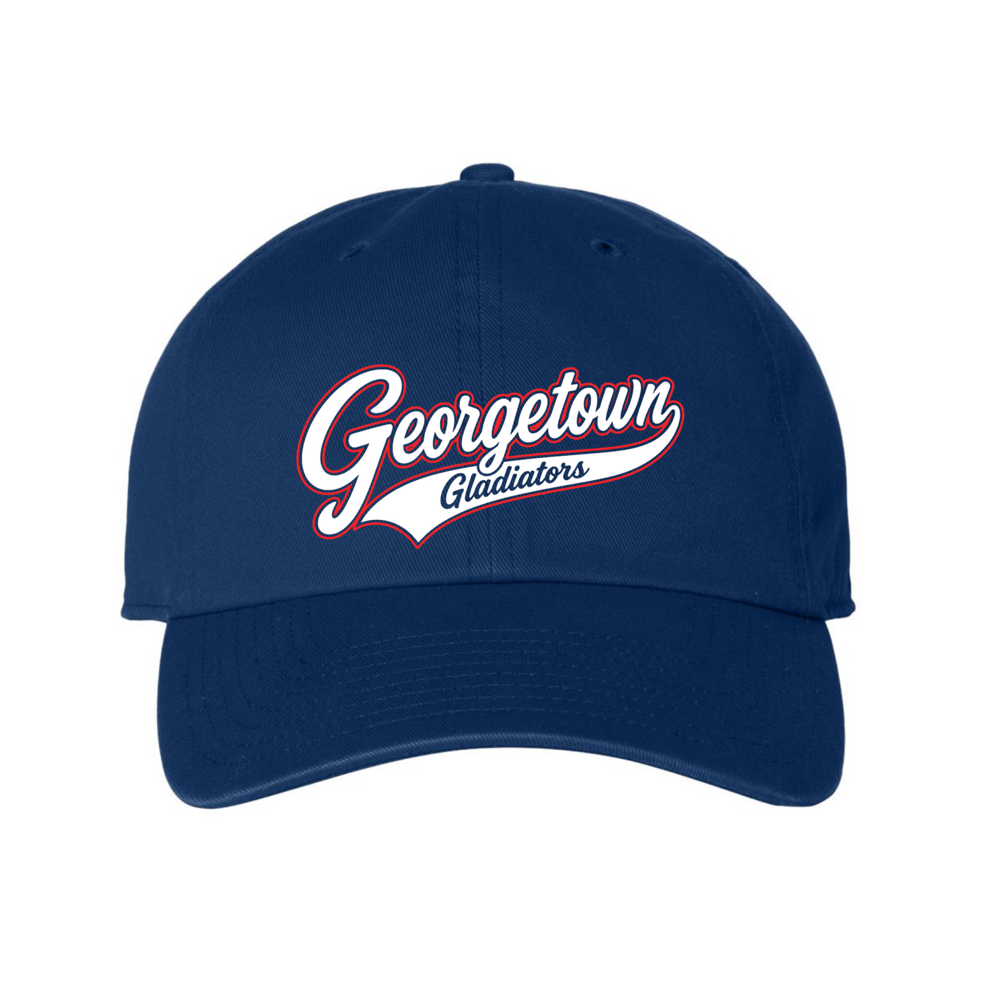 Navy blue cap with 'Georgetown Gladiators' text on a white background