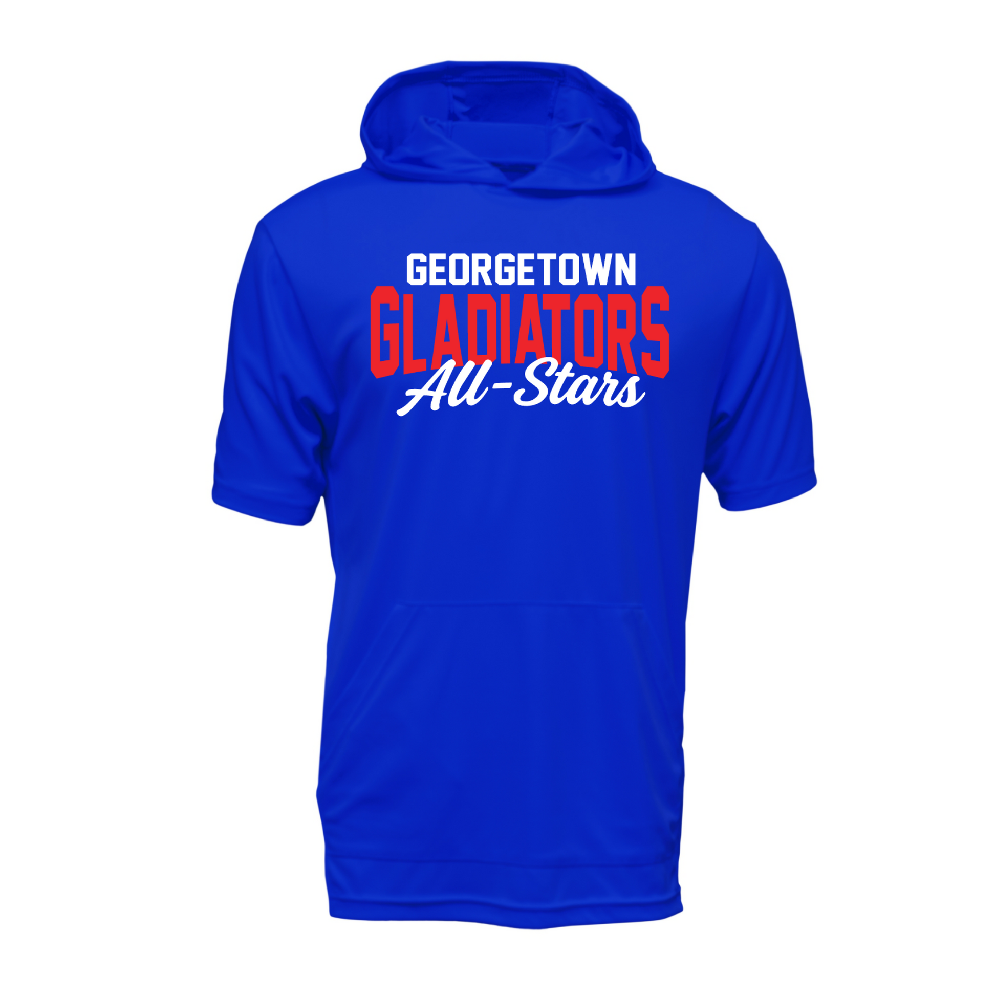 Blue hoodie with 'Georgetown Gladiators All-Stars' text on a white background