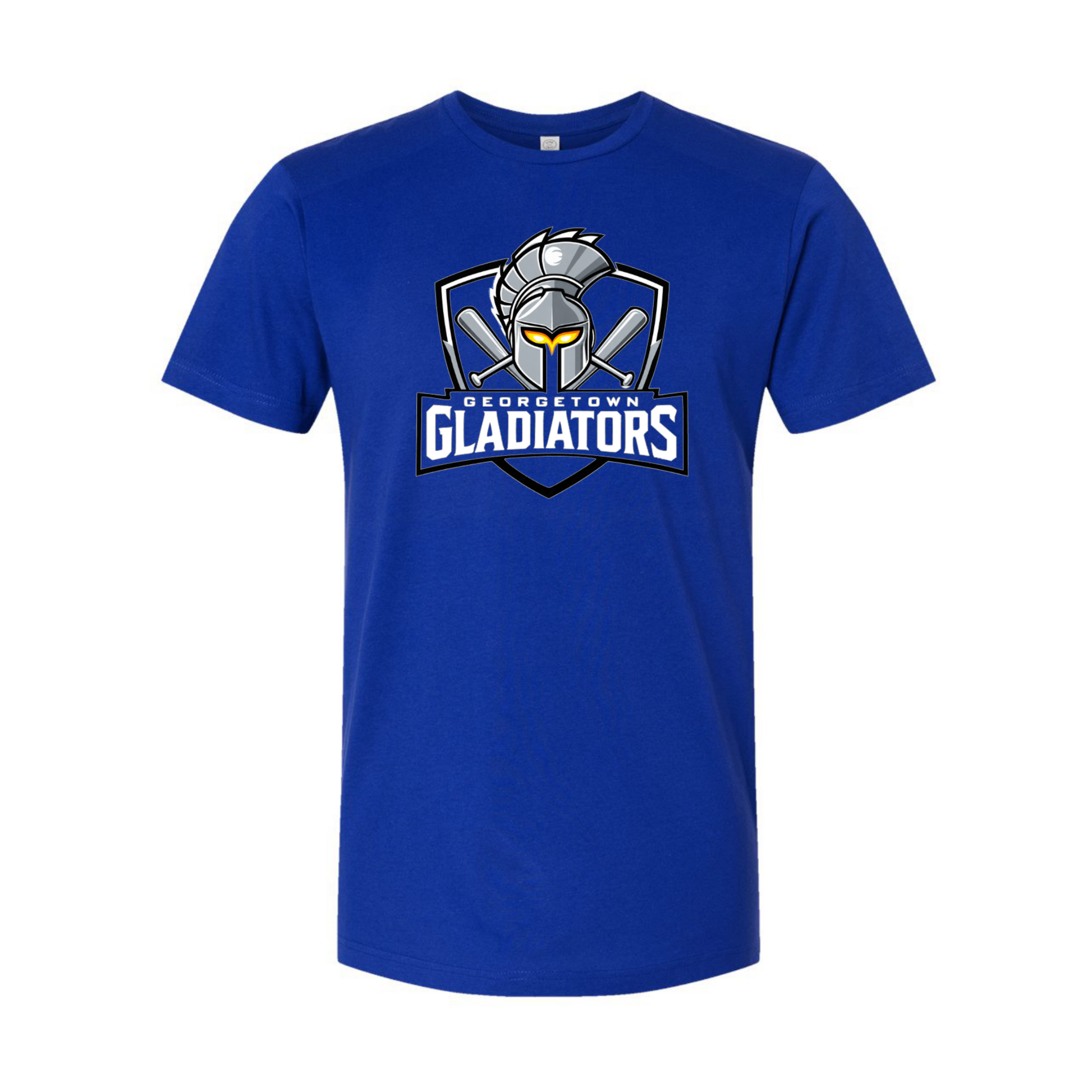 Georgetown Gladiators royal blue baseball T-shirt with full-color gladiator helmet and crossed bats team logo