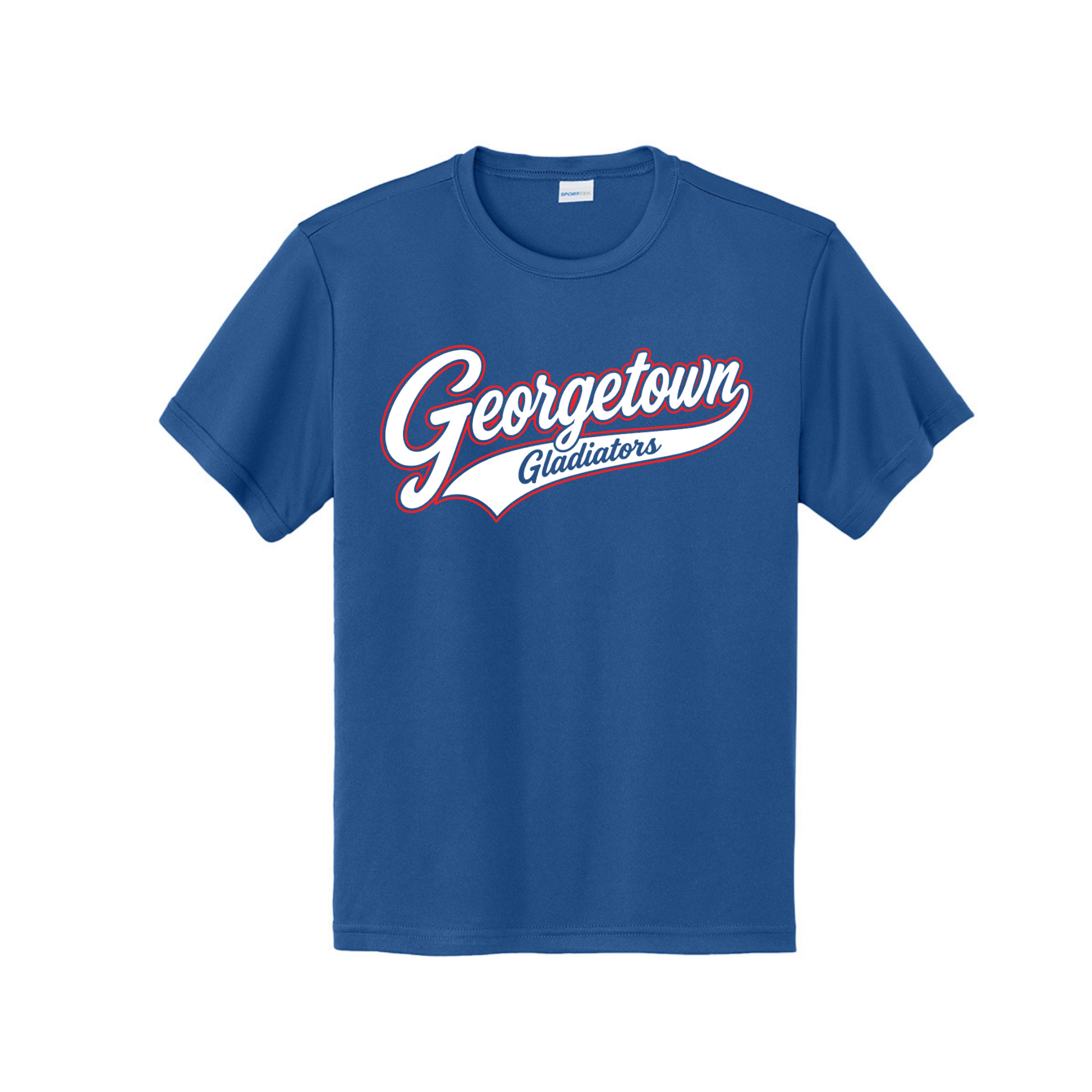 Blue t-shirt with 'Georgetown Gladiators' text on a white background