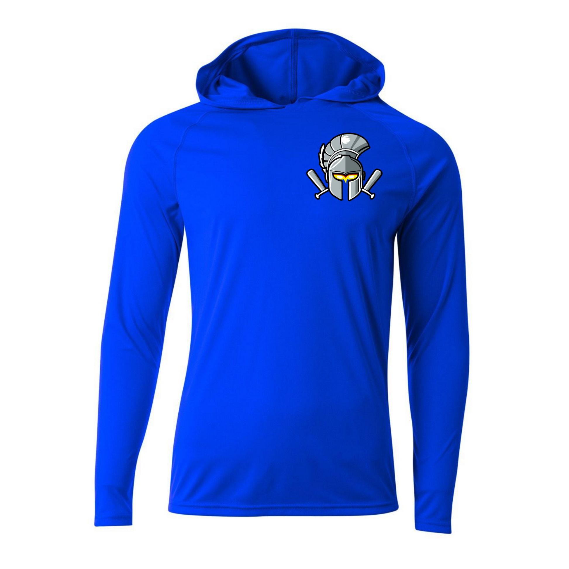 Georgetown Gladiators royal blue long sleeve performance hoodie with gladiator helmet and crossed bats logo on left chest
