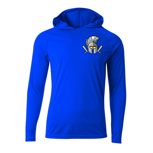 Georgetown Gladiators royal blue long sleeve performance hoodie with gladiator helmet and crossed bats logo on left chest