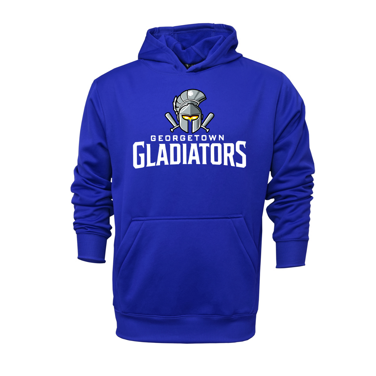 Georgetown Gladiators royal blue pullover baseball hoodie with gladiator helmet, crossed bats and white team lettering