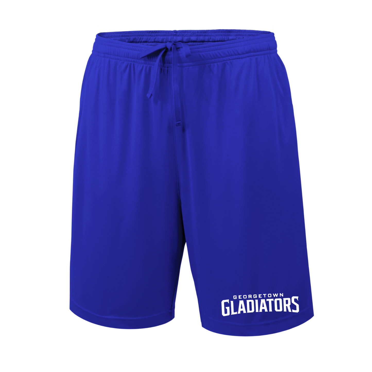 Georgetown Gladiators royal blue performance athletic shorts with white team wordmark on lower leg