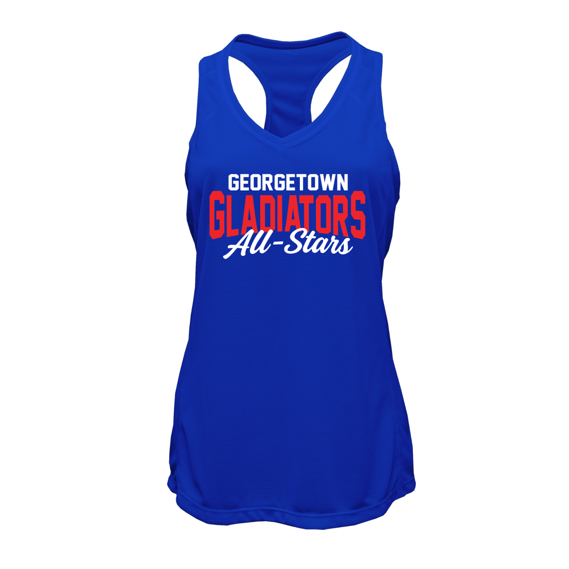 Blue tank top with 'Georgetown Gladiators All-Stars' text on a white background