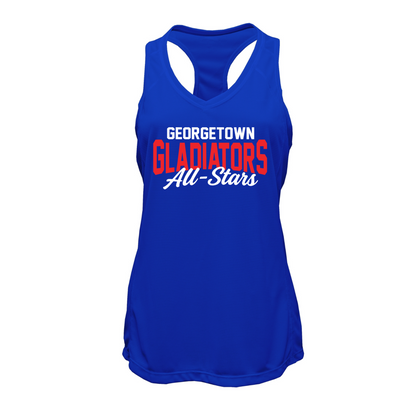 Blue tank top with 'Georgetown Gladiators All-Stars' text on a white background