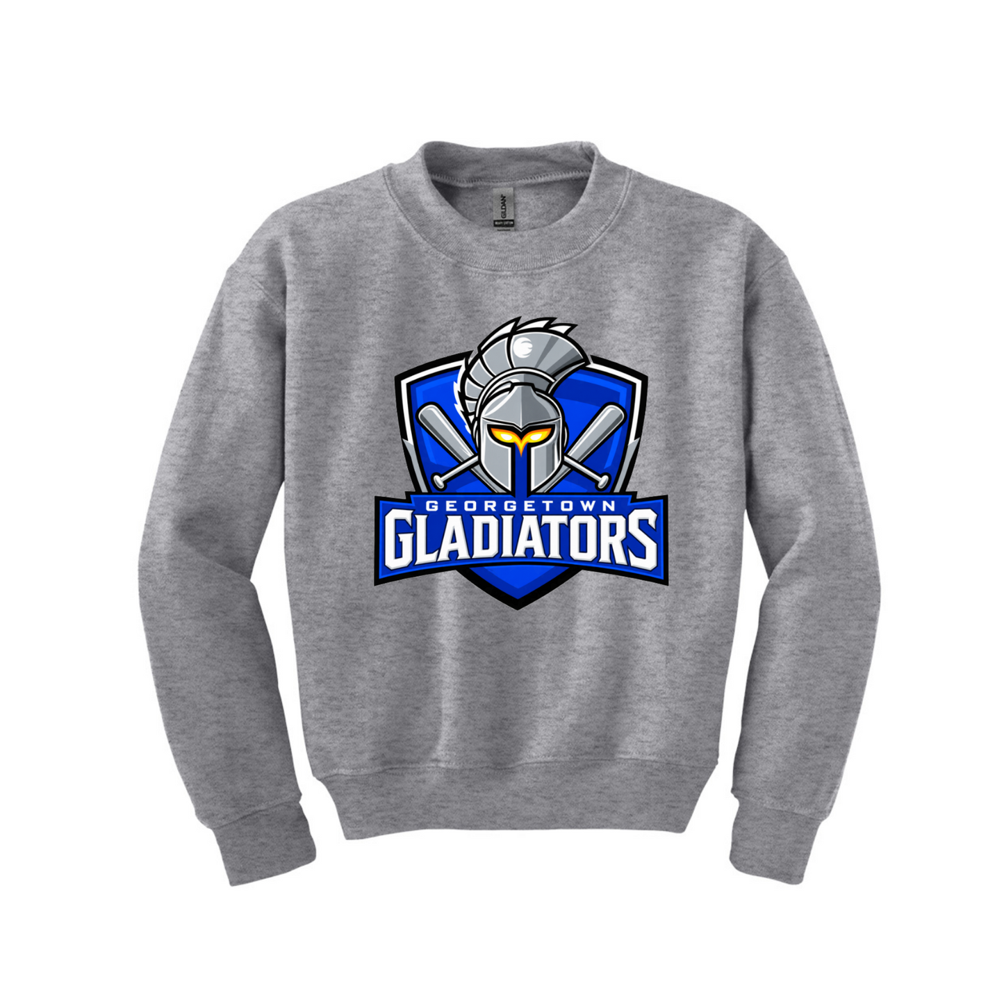 Georgetown Gladiators sport gray crewneck sweatshirt with full-color gladiator helmet, crossed bats and baseball team logo