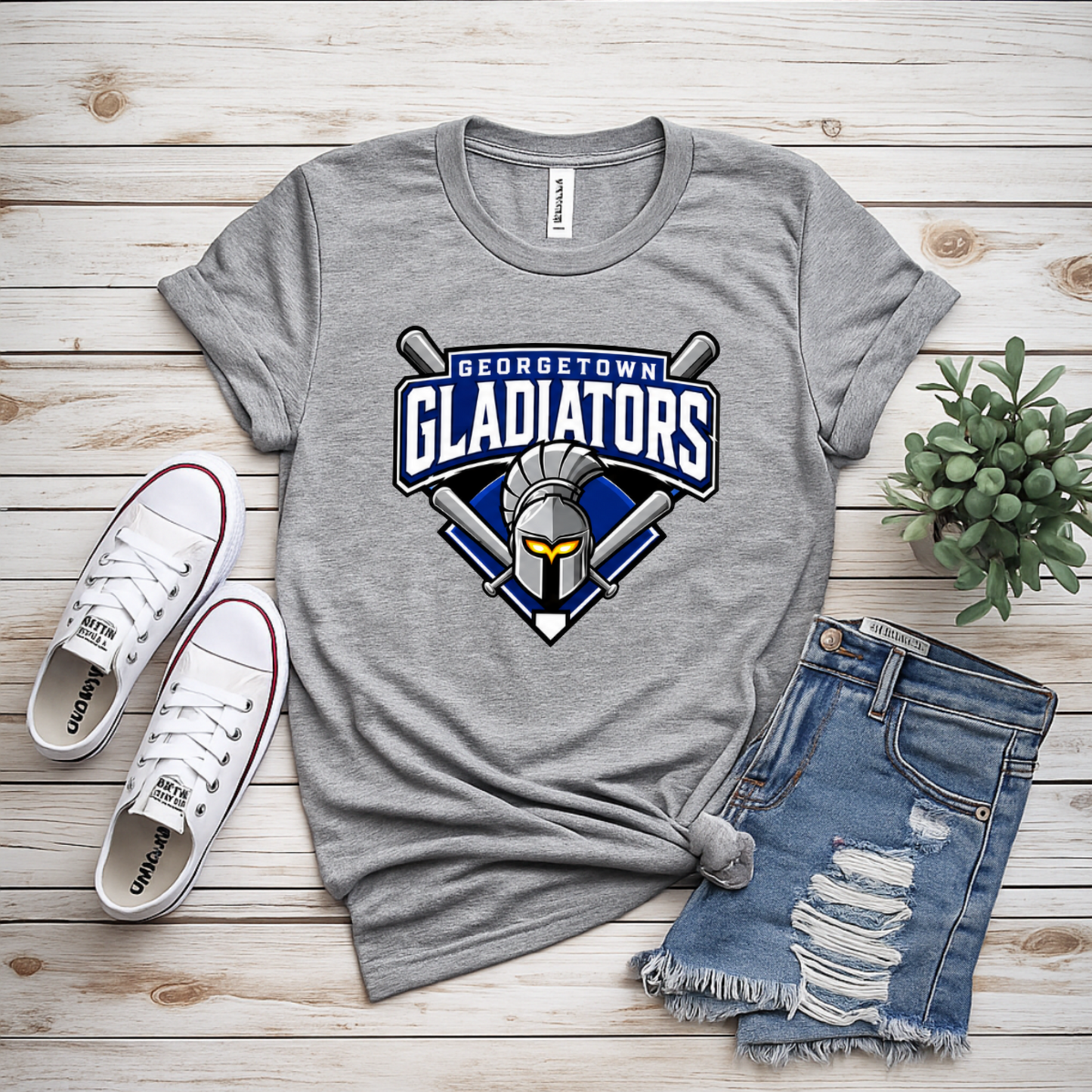 Georgetown Gladiators athletic heather gray baseball T-shirt with royal blue Gladiators lettering, helmet and crossed bats design