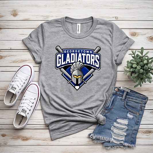 Georgetown Gladiators athletic heather gray baseball T-shirt with royal blue Gladiators lettering, helmet and crossed bats design