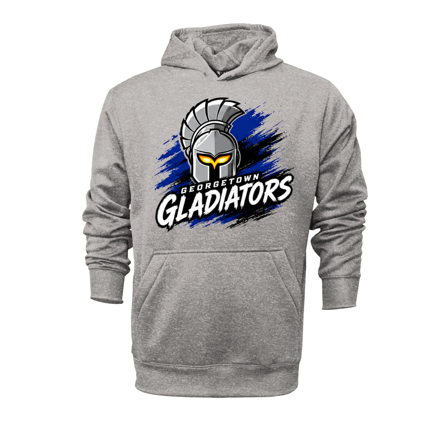 Gray Georgetown Gladiators baseball hoodie with Gladiator helmet and royal blue black brushstroke graphic