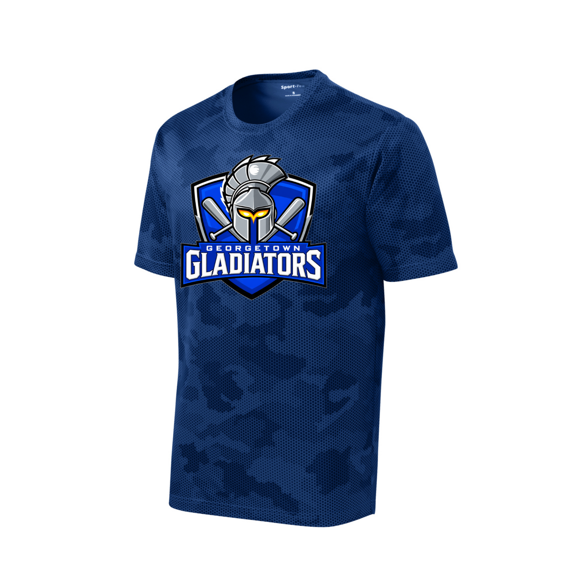 Georgetown Gladiators royal blue camo performance T-shirt with full-color gladiator helmet and crossed baseball bats team logo