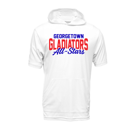 White t-shirt with 'Georgetown Gladiators All-Stars' text on a white background