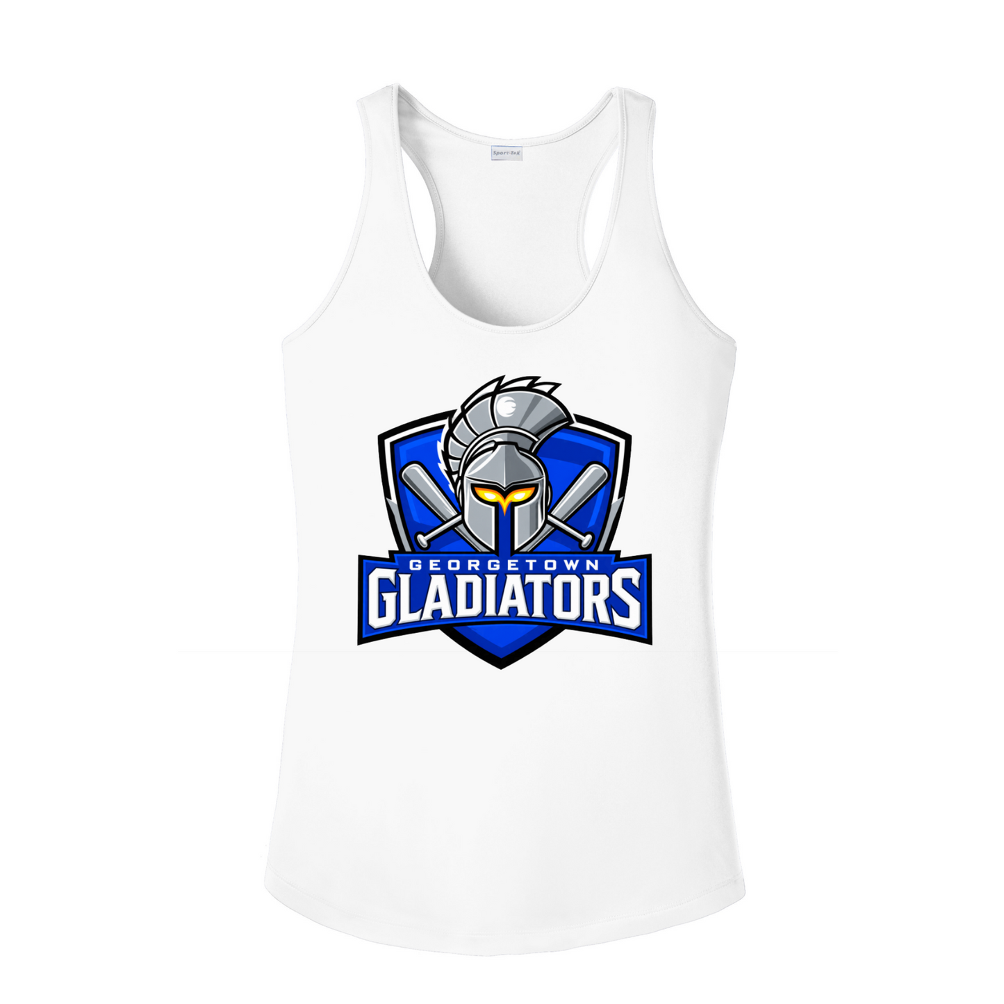 Georgetown Gladiators women’s white racerback tank with royal blue and silver baseball team logo