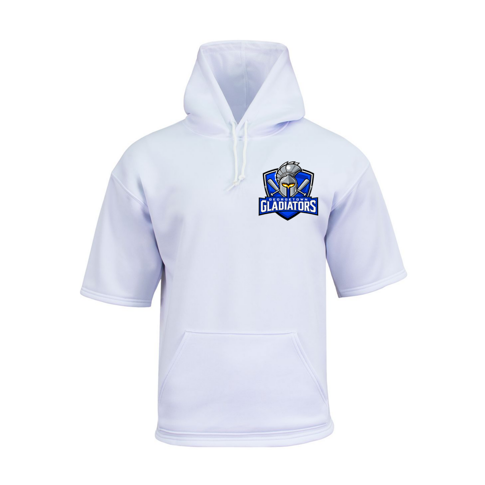 Georgetown Gladiators white short sleeve fleece hoodie with small full-color baseball team logo on left chest