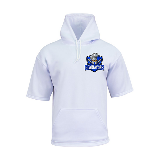 Georgetown Gladiators white short sleeve fleece hoodie with small full-color baseball team logo on left chest