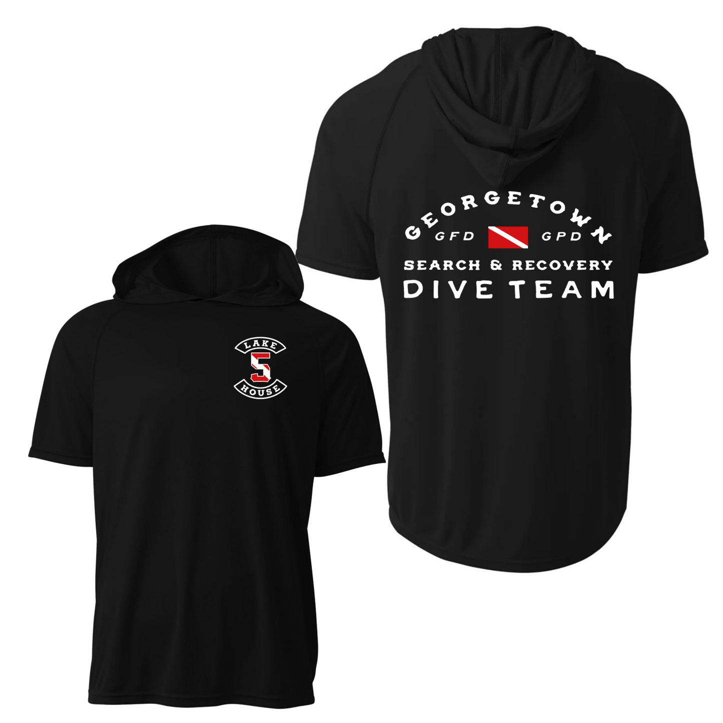 Black hooded short-sleeve shirt shown from the front and back on a white background. The front has a small white and red Georgetown PFD Dive Team logo on the left chest, and the back has a larger white 'GEORGETOWN GFD GPD SEARCH & RECOVERY DIVE TEAM' graphic with a red diving flag.