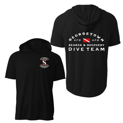 Black hooded short-sleeve shirt shown from the front and back on a white background. The front has a small white and red Georgetown PFD Dive Team logo on the left chest, and the back has a larger white 'GEORGETOWN GFD GPD SEARCH & RECOVERY DIVE TEAM' graphic with a red diving flag.