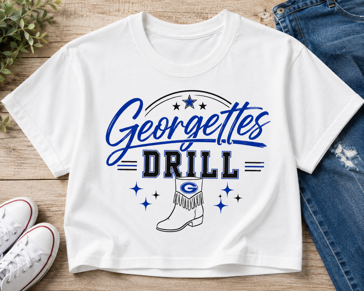 White Georgettes Drill crop T-shirt with royal blue and black lettering and fringed drill team boot design