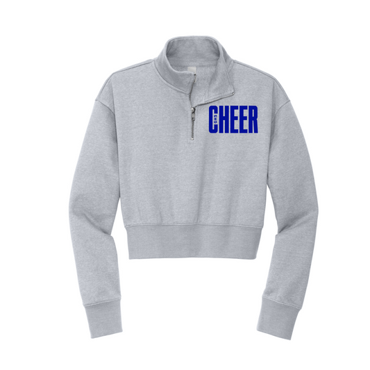 A light gray heather cropped quarter-zip sweatshirt with 'CHEER' printed in bold blue block letters across the chest, displayed on a clean white background.