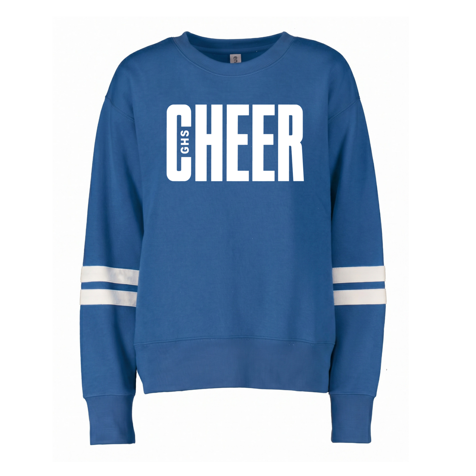 A royal blue crewneck sweatshirt with 'CHEER' printed in bold white letters on the chest, with 'SUS' printed vertically inside the 'C'. The sweatshirt has white athletic stripes on both sleeves and is shown against a plain white background.