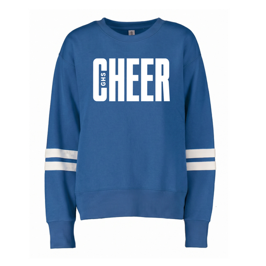 A royal blue crewneck sweatshirt with 'CHEER' printed in bold white letters on the chest, with 'SUS' printed vertically inside the 'C'. The sweatshirt has white athletic stripes on both sleeves and is shown against a plain white background.
