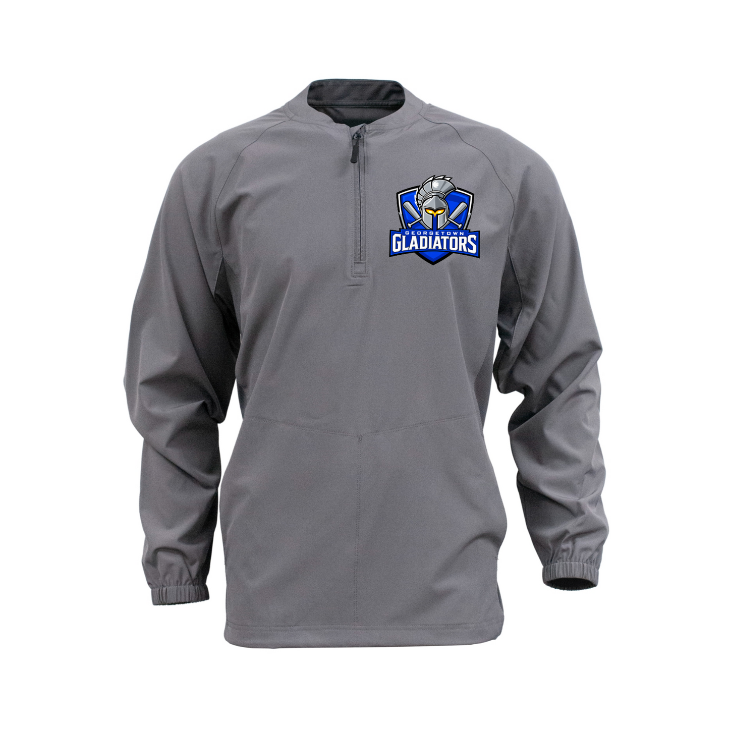 Georgetown Gladiators gray quarter-zip baseball cage jacket with full-color team logo on left chest