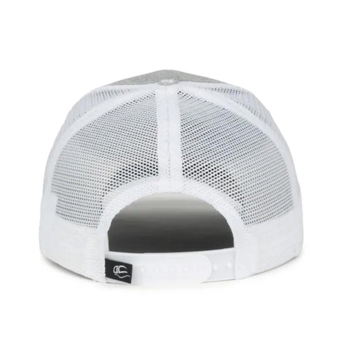 White trucker-style cap shown from the back, featuring a white mesh back, white fabric brim, and a small black brand tag on the side.