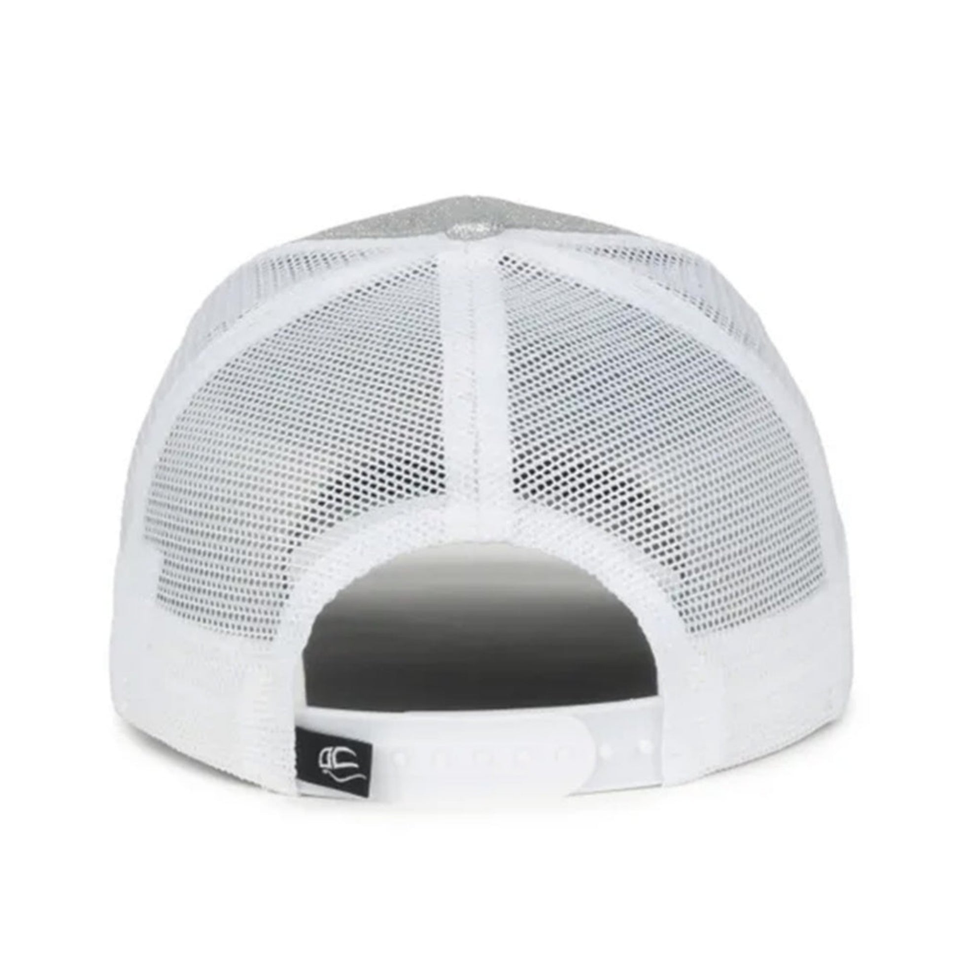 White trucker-style cap shown from the back, featuring a white mesh back, white fabric brim, and a small black brand tag on the side.
