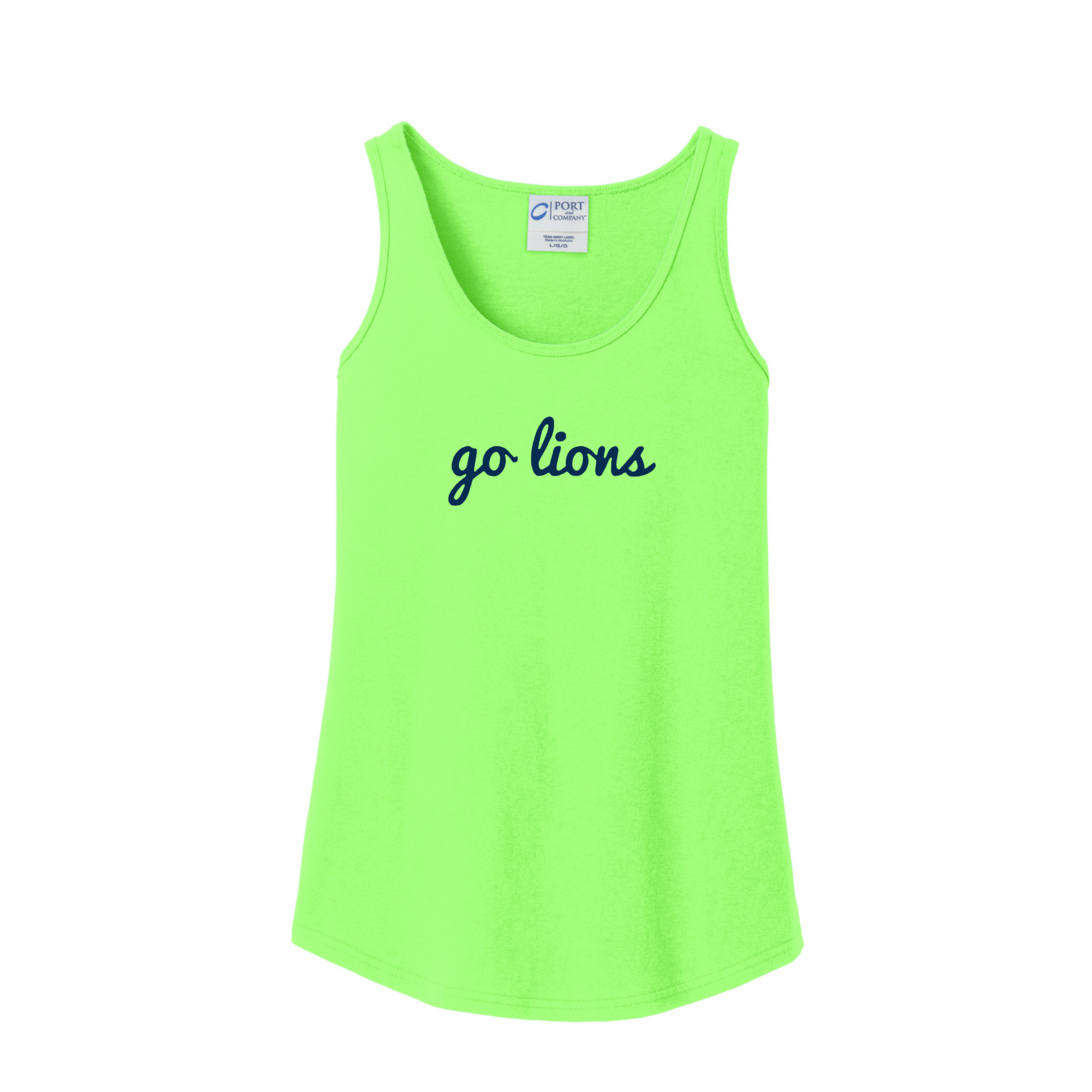Neon green tank top with 'go lions' text on a white background