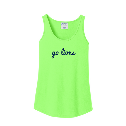 Neon green tank top with 'go lions' text on a white background