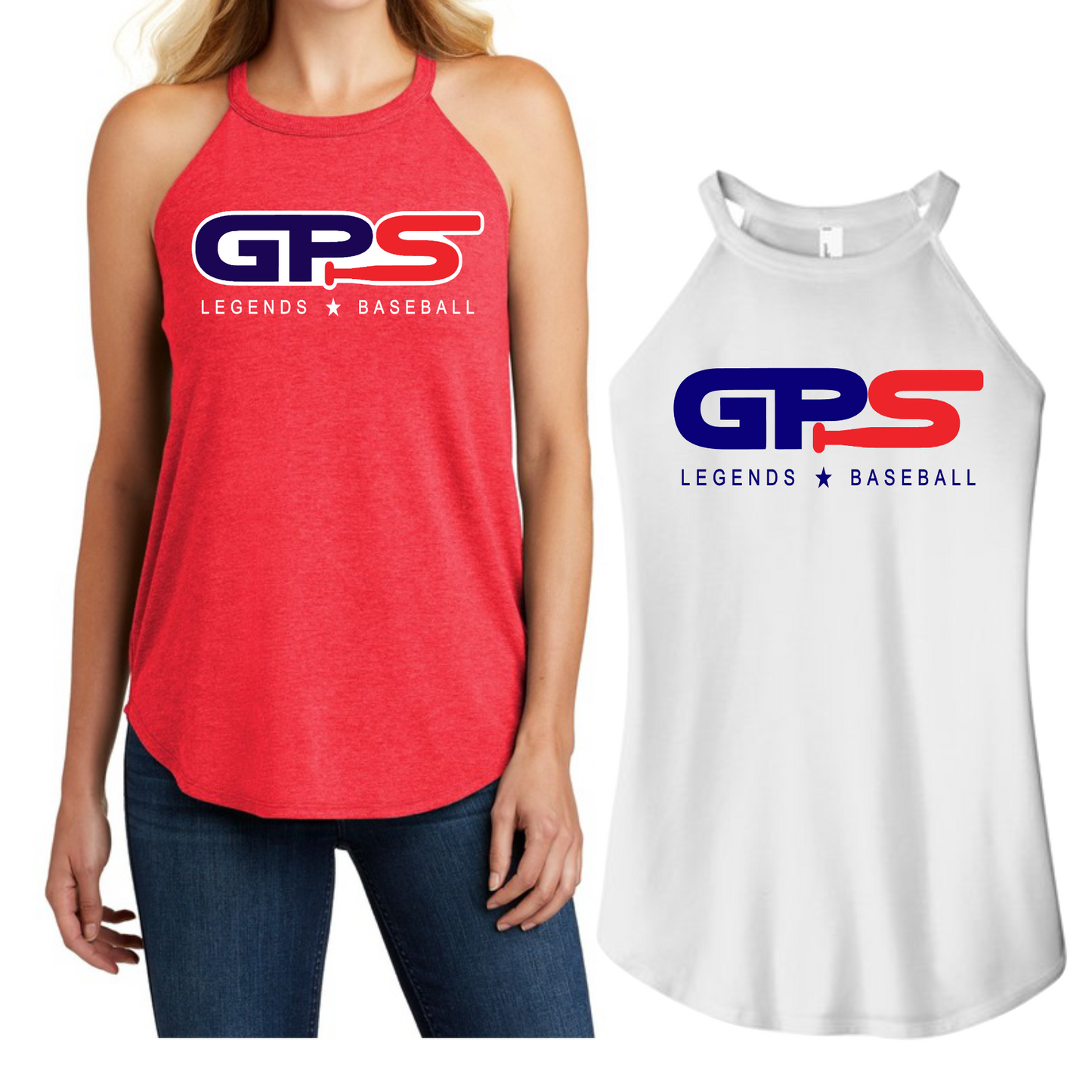 GPS Legends Rocker White Tank Top, Women's Rocker Tank, Red GPS Legends Tank Top, District Tank