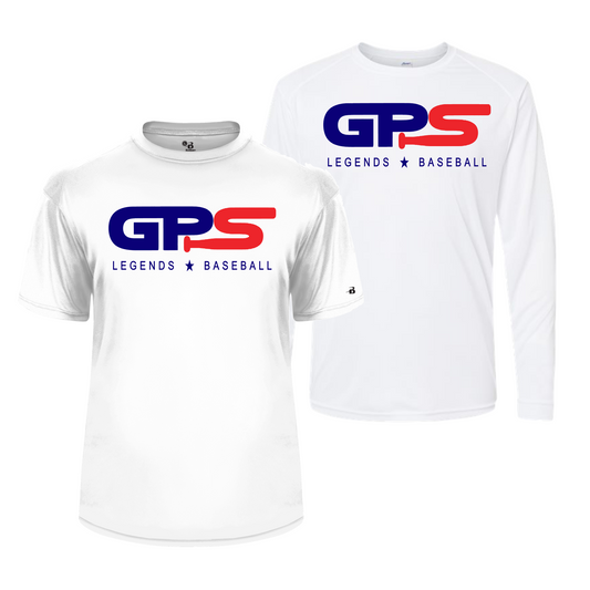 White GPS Legends Logo Shirt, GPS Baseball White Tee, Legends Baseball Drifit