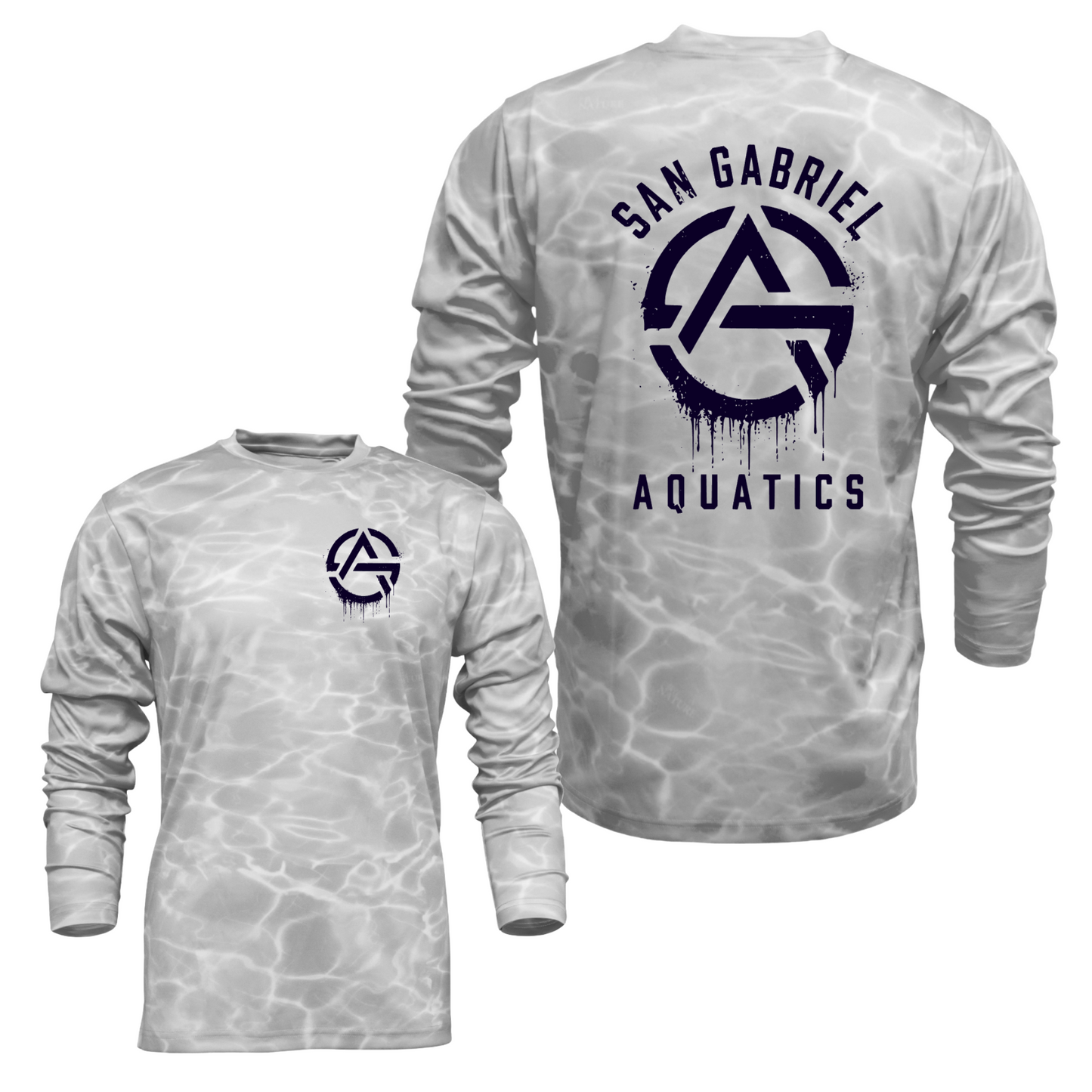 Long-sleeve shirt with 'San Gabriel Aquatics' logo on a white background