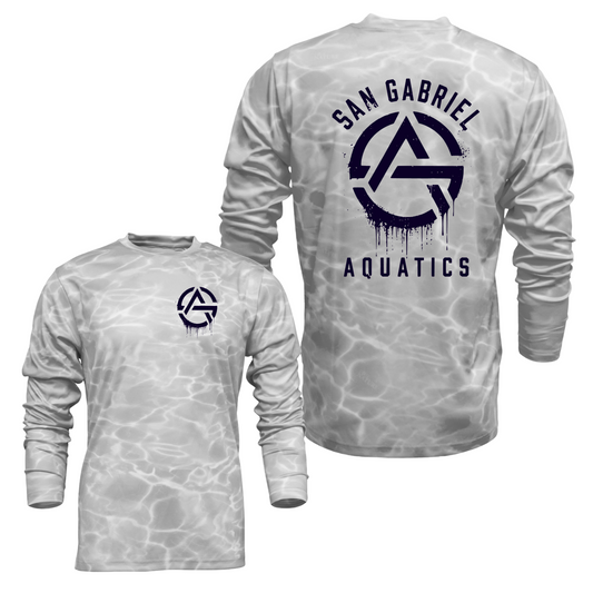 Long-sleeve shirt with 'San Gabriel Aquatics' logo on a white background