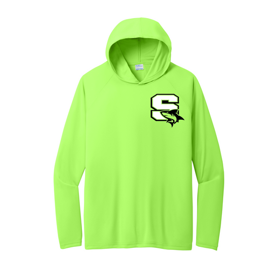 Neon Green Sharks Baseball Hooded Shirt, Sharks Baseball Tee, Long Sleeve Hooded Sharks Baseball