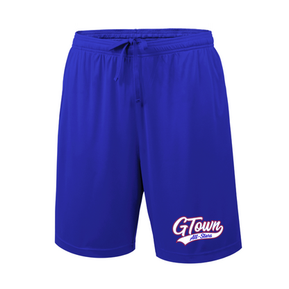 Blue shorts with 'GTown' logo on a white background
