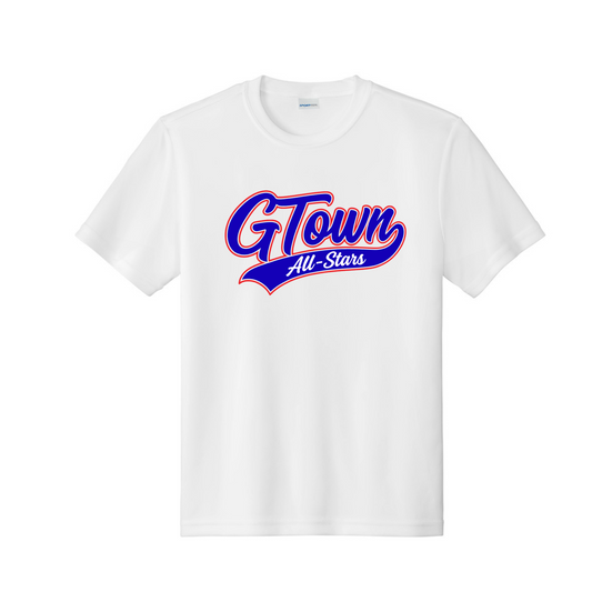 White t-shirt with 'Gtown All Stars' text in blue and red on a white background