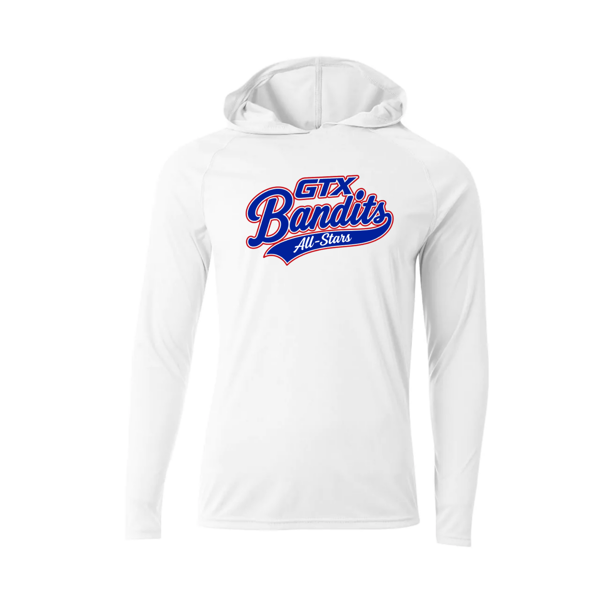 White hoodie with GTX Bandits All-Stars logo on a white background