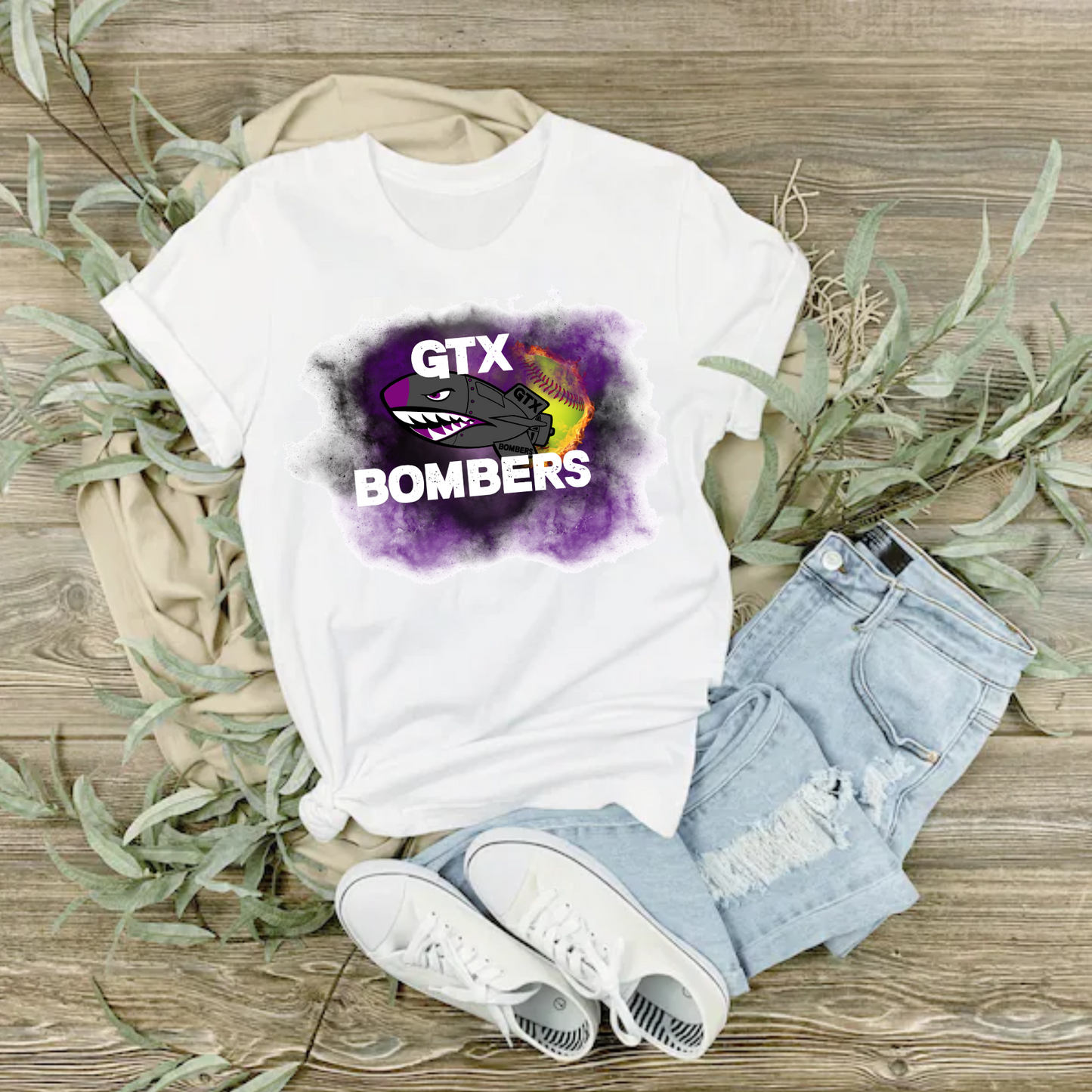 White GTX Bombers Softball Tee, White Bombers Softball Shirt, GTX Bombers Spiritwear