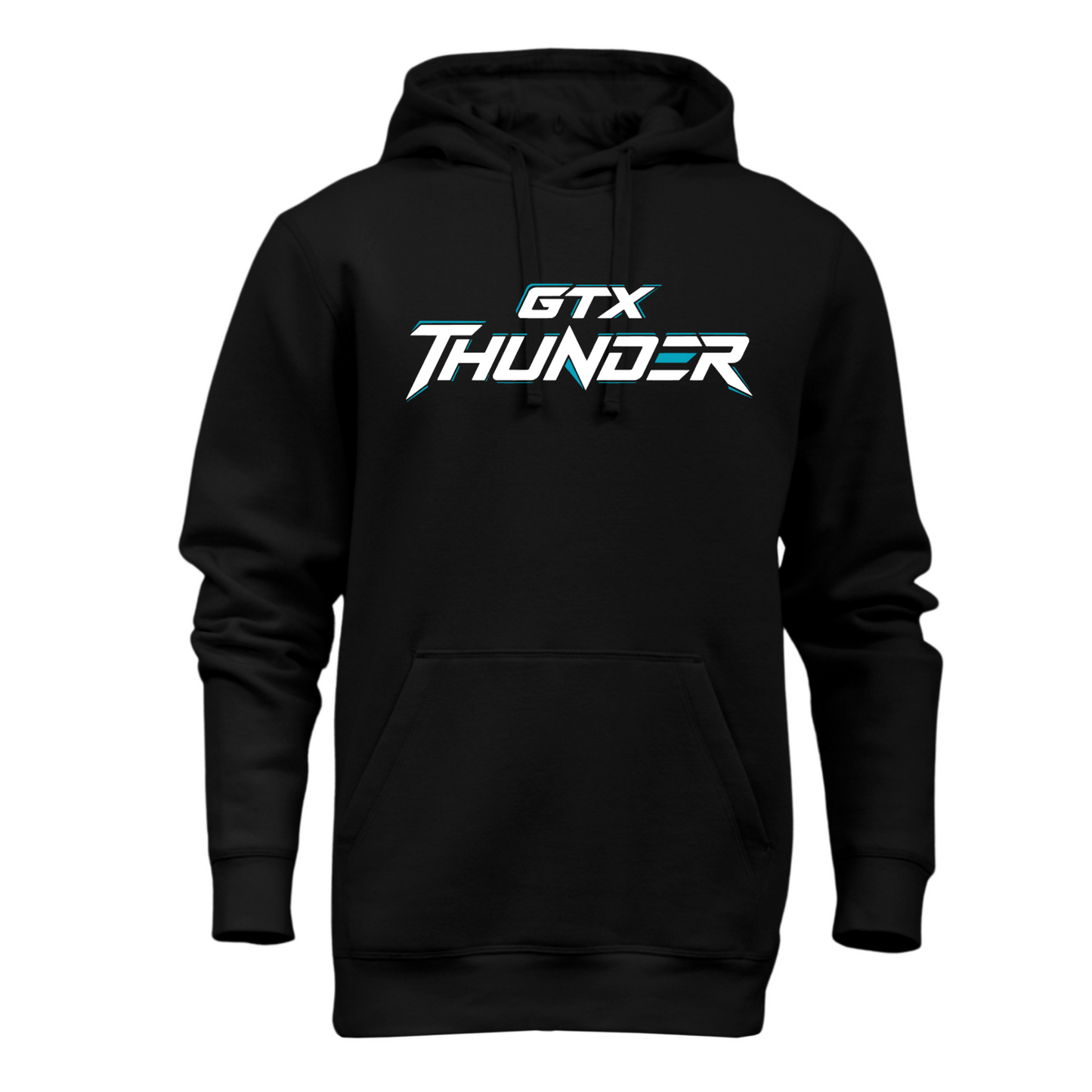 Black GTX Thunder pullover hoodie with white, black, and teal team logo on the front.