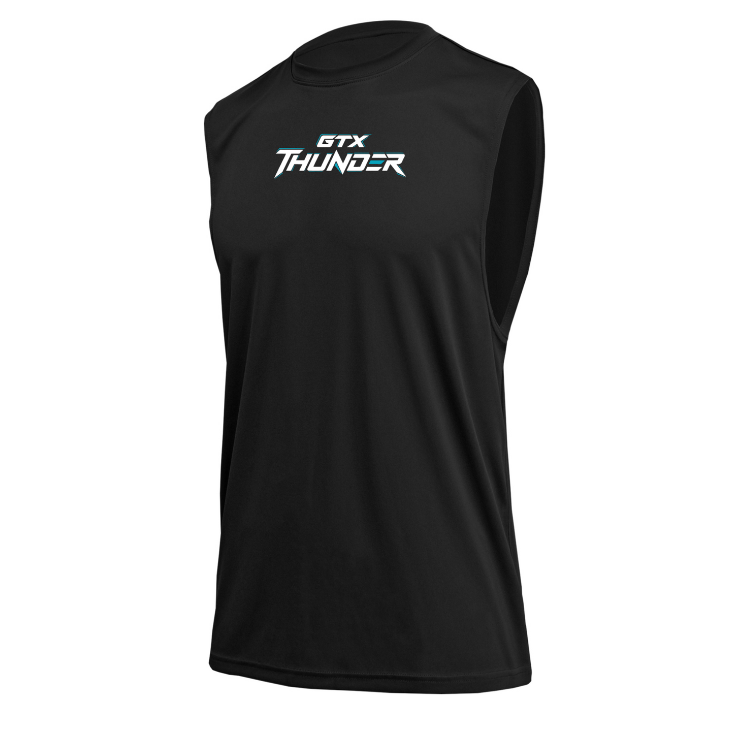 Men’s black sleeveless performance shirt with a white and teal GTX Thunder left-chest logo.