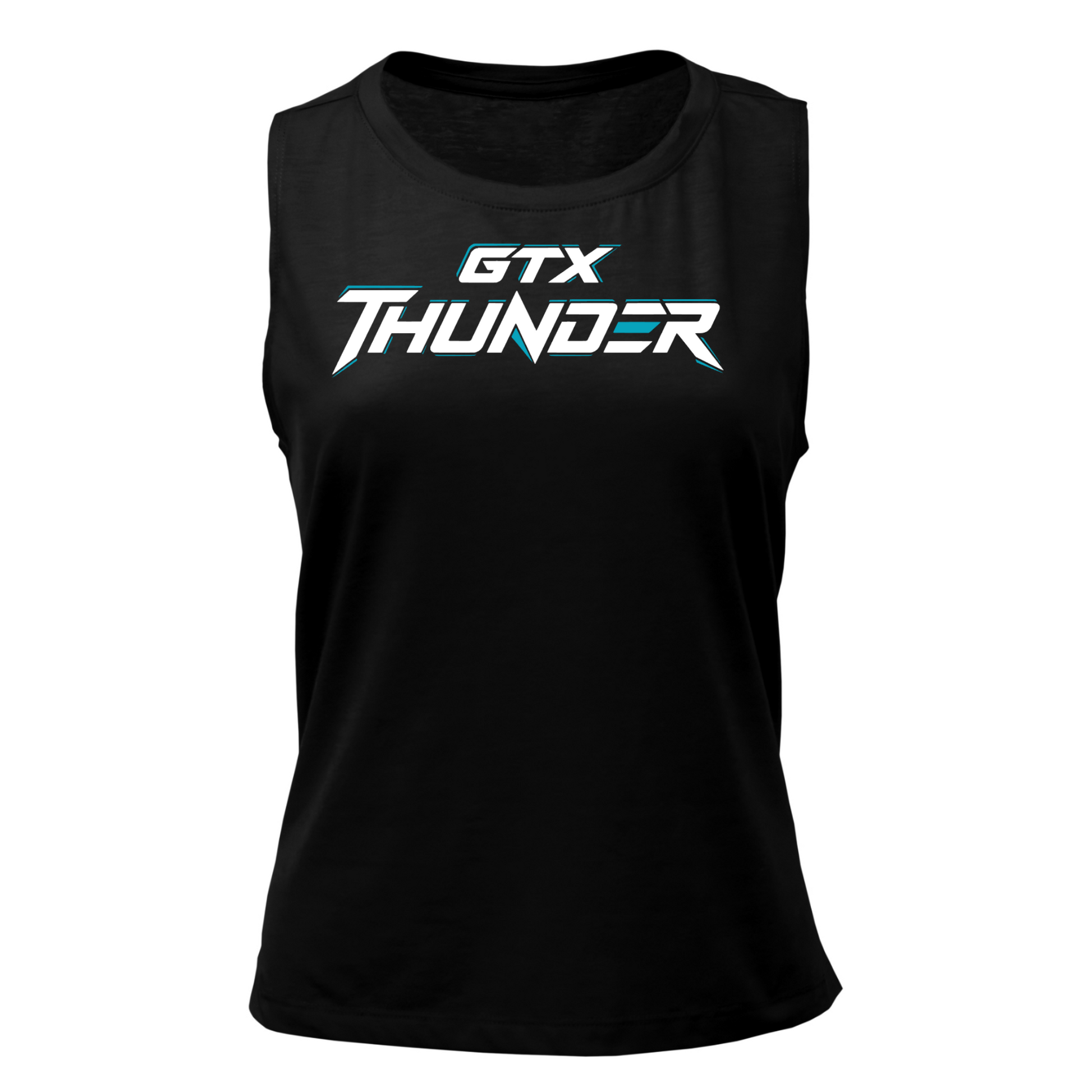 Women’s black muscle tank featuring the GTX Thunder logo in white, black, and teal.