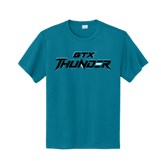 Tropic-blue short sleeve performance shirt featuring a black and white GTX Thunder team logo.