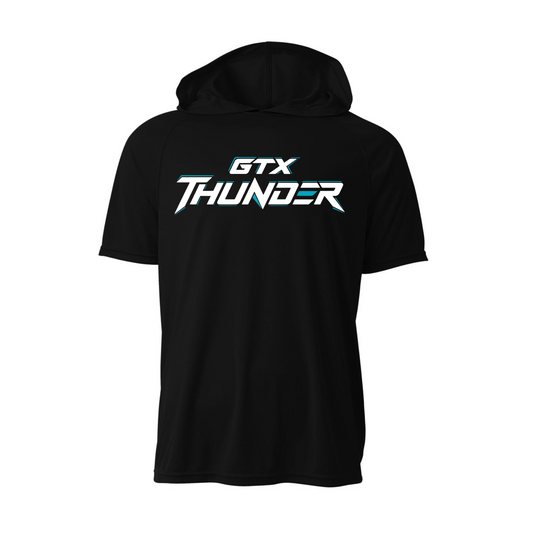 Black GTX Thunder short sleeve performance hoodie with a white, black, and teal team logo.