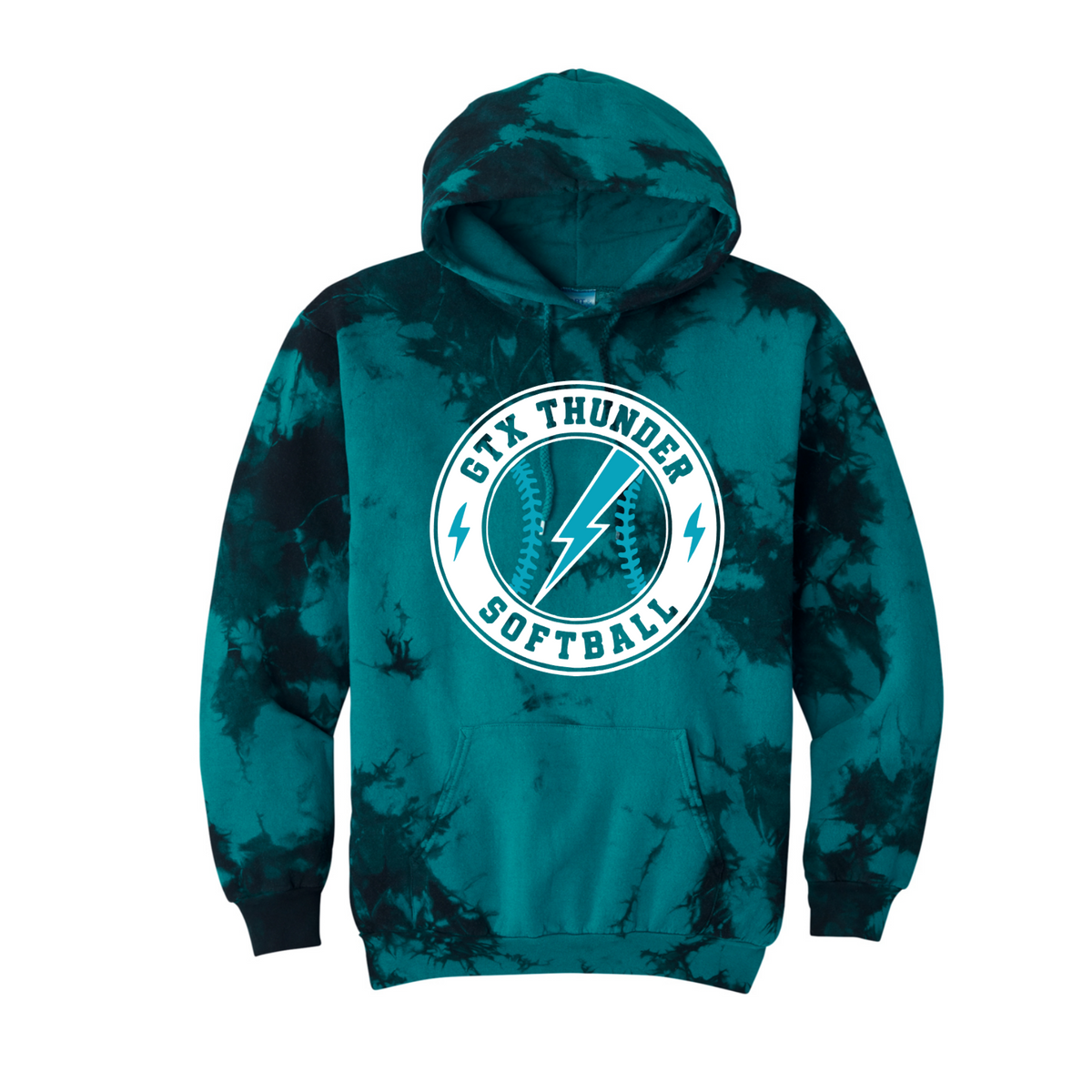 Teal and black tie-dye pullover hoodie featuring a white circular GTX Thunder Softball lightning bolt design.