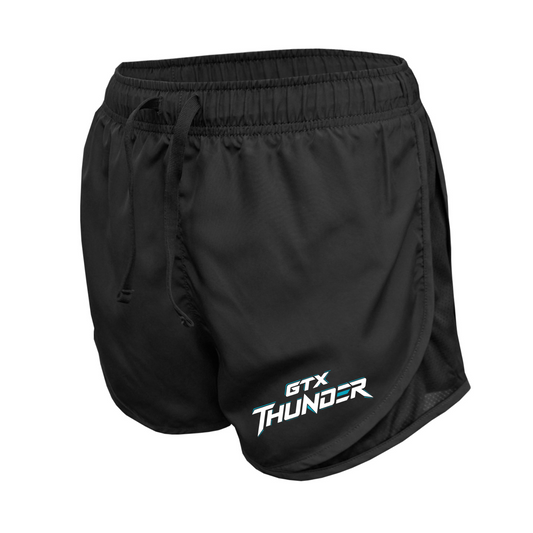 Women’s black athletic shorts with an adjustable drawstring and white and teal GTX Thunder logo.