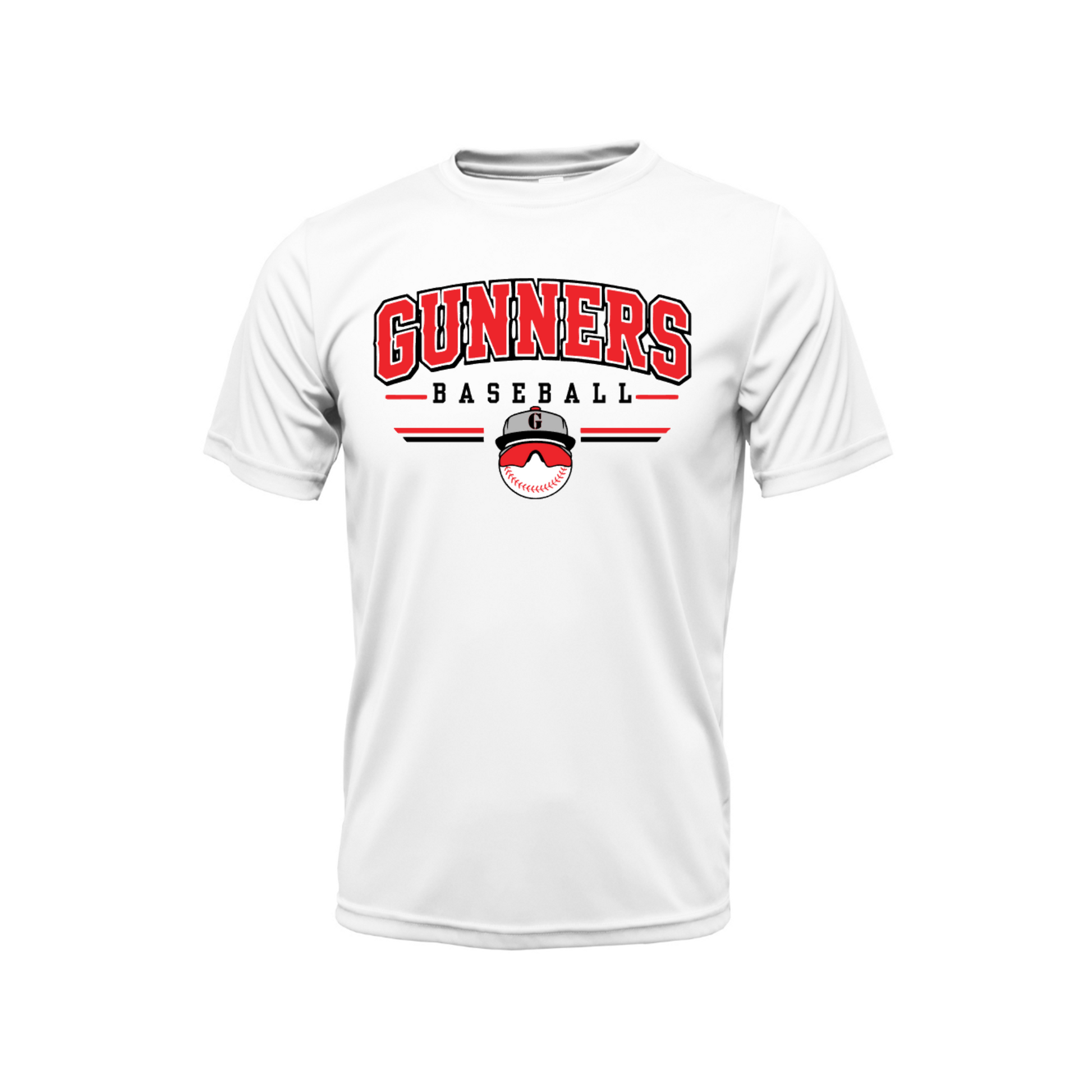 White Gunnars Baseball performance tee with red and black team design