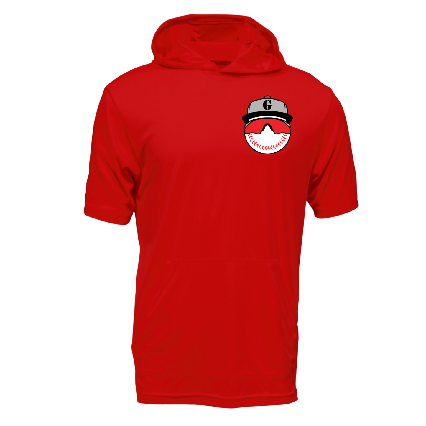 Red Gunners Baseball short sleeve hooded performance shirt with baseball logo